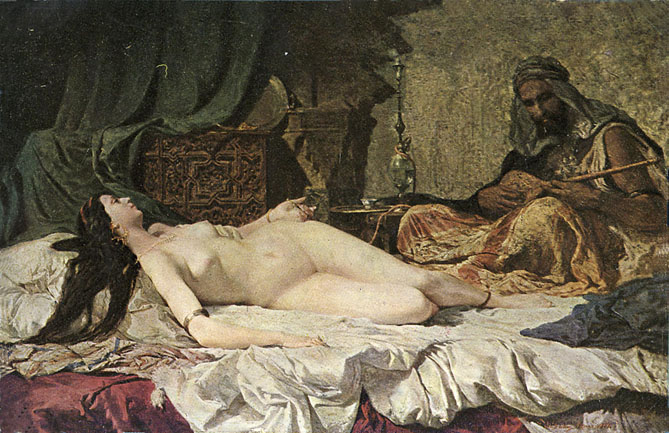 Targeta postal sobre l’obra Odalisca del pintor Marià Fortuny Marsal (Reus 1838 - Roma 1874) pintada al 1861
