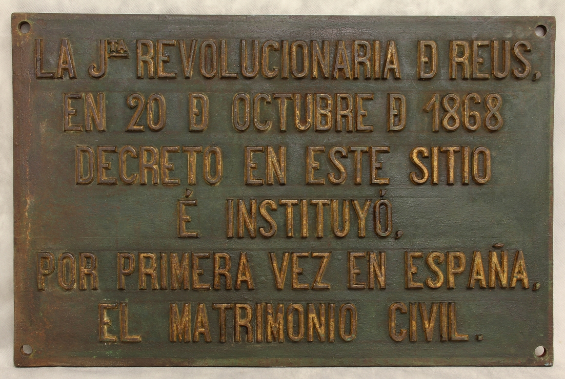 imatge de la noticia La placa de ferro commemorativa del primer matrimoni civil celebrat a Reus, forma part de la exposició 